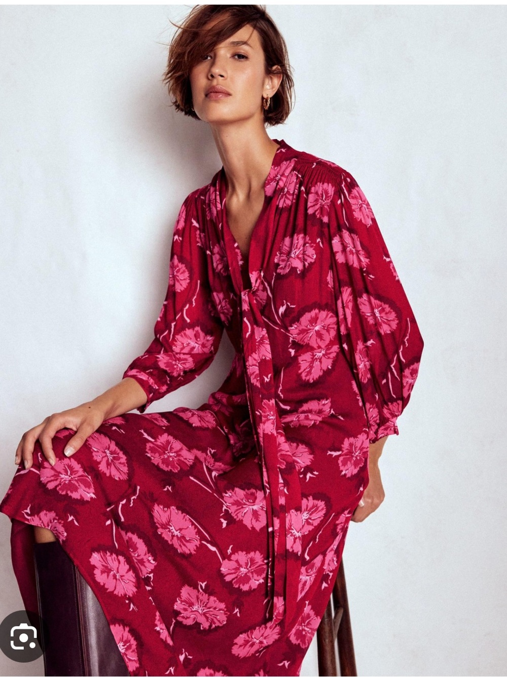 Boden Red and Pink Floral Tie-Front Maxi Dress